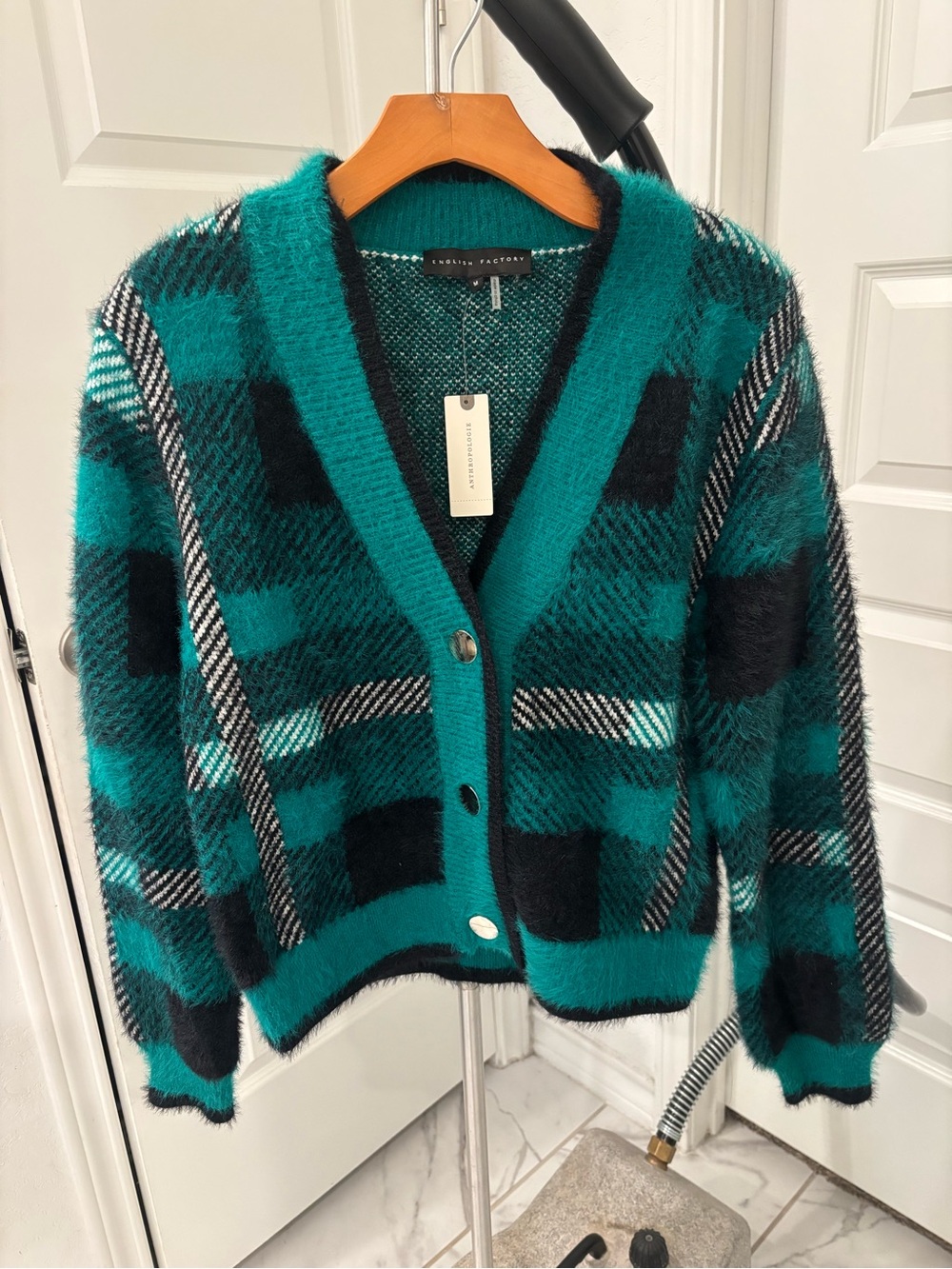 NWT Anthropologie English Factory Green Plaid Fuzzy Cardigan Size M